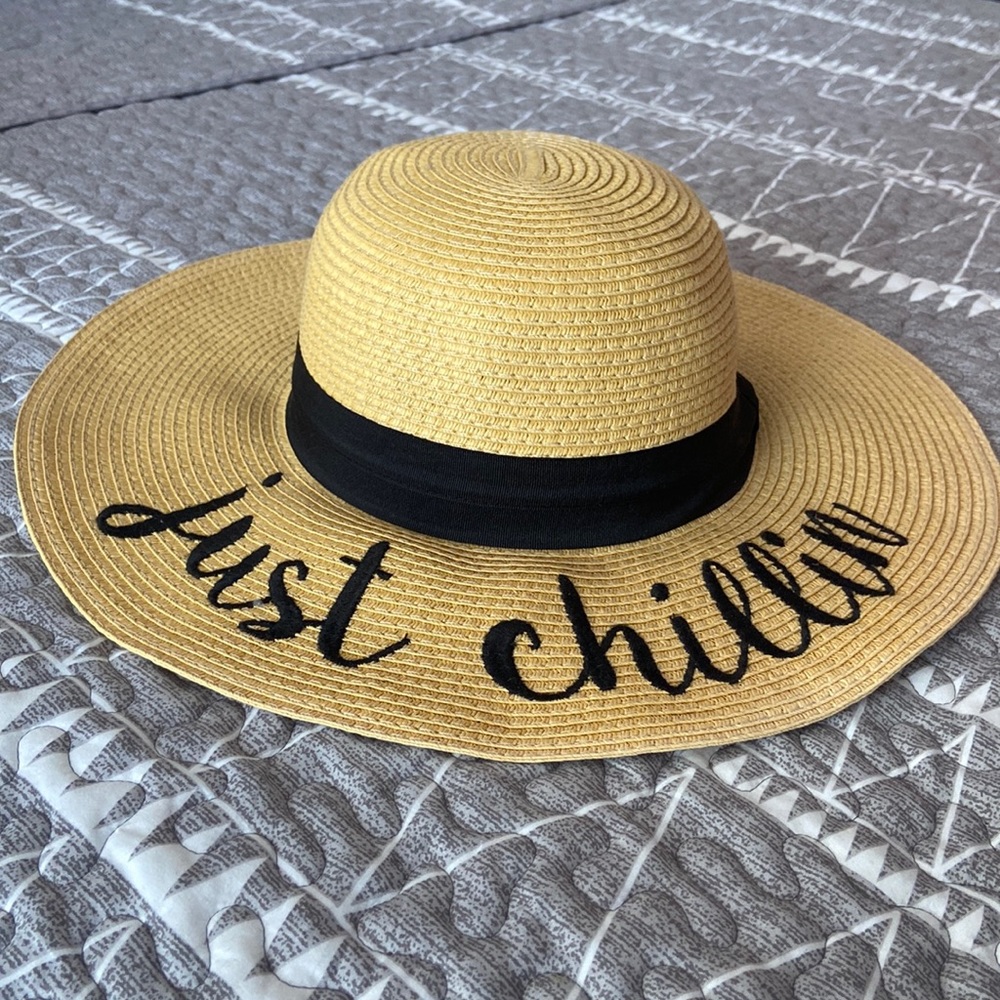 Woven Beach Hat w/ Black Trim and “just chillin” embroidery